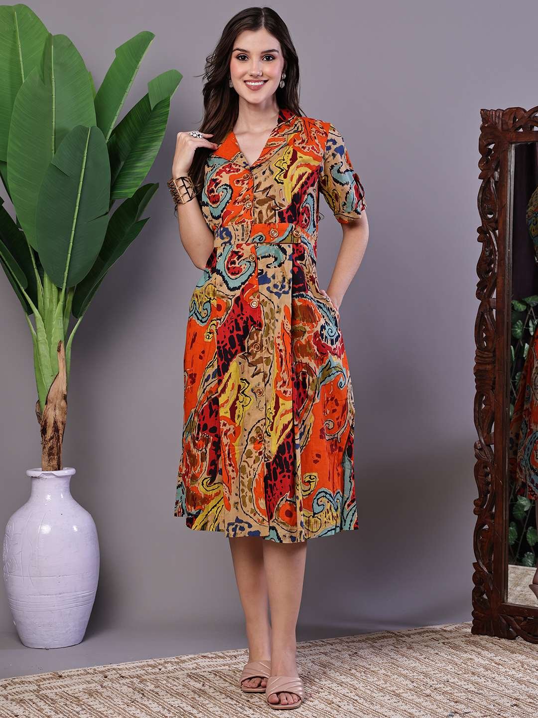 Women's Bohemian Stylish Multi-Color Paisley Print Cotton Collared Midi Dress - Image 4