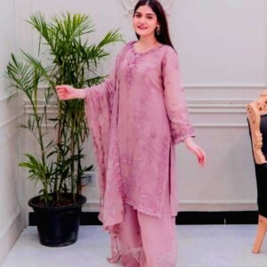 Women's Faux Georgette Embroidery work Straight Kurti With Pant & Dupatta Set