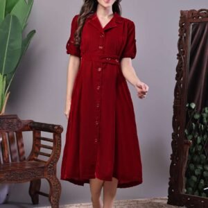 Women's Maroon Velvet Solid Print Shirt Midi Dress with Belt