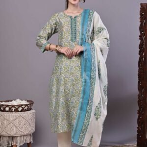 Women's Green & Blue Floral Chanderi Print Kurta Set with Dupatta Suit Sets