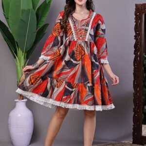 Wome's Multicolor Print Cotton A-Line Dress with Embroidered Yoke Midi Dresses