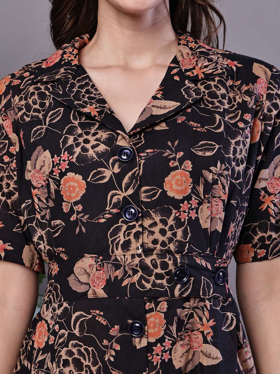 Women's Stylish Black & Rust Floral Print Button-Front Midi Dress - Image 5