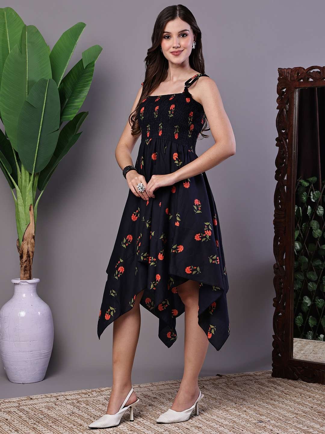 Women's Black Floral Print Cotton Handkerchief Hem Dress Midi Dresses - Image 3