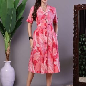 Women's Pink Print Cotton Midi Shirt Dress