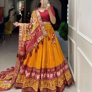 Women's Tussar Silk Patola Print Lehenga Choli Dupatta Set