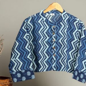 Hand-Crafted Cotton Shirt for Ladies ? Black & Grey Zigzag Print Button-Down Top with Full Sleeves