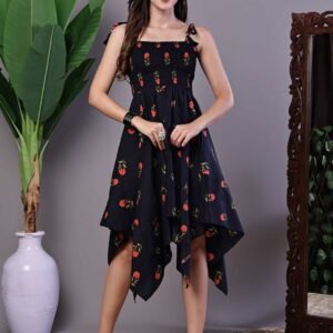 Women's Black Floral Print Cotton Handkerchief Hem Dress Midi Dresses