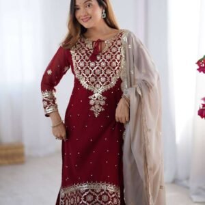 Women's Faux Georgette Sequins Embroidered Straight Kurta With Sharara Suit & Dupatta Set