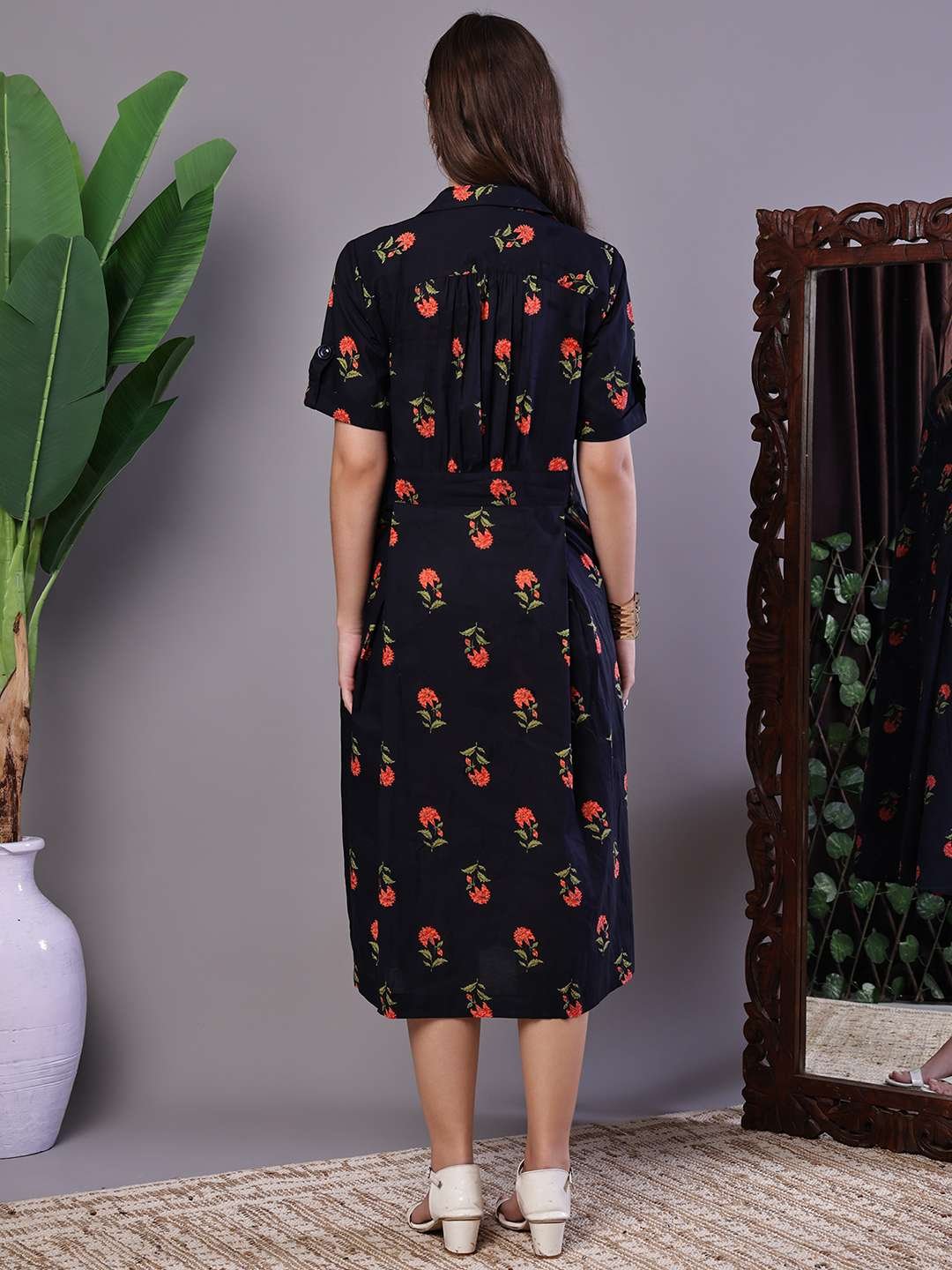 Women's Graceful Indigo & Orange Floral Block Print Cotton Shirt Dress - Image 2