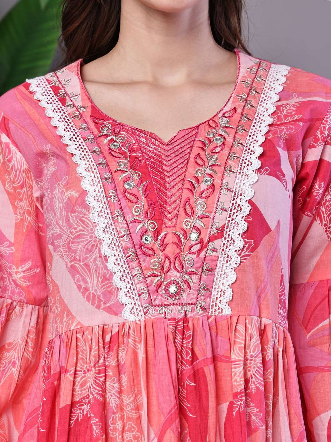 Wome's Pink Floral Print Cotton A-Line Dress with Embroidered Yoke Midi Dresses - Image 5