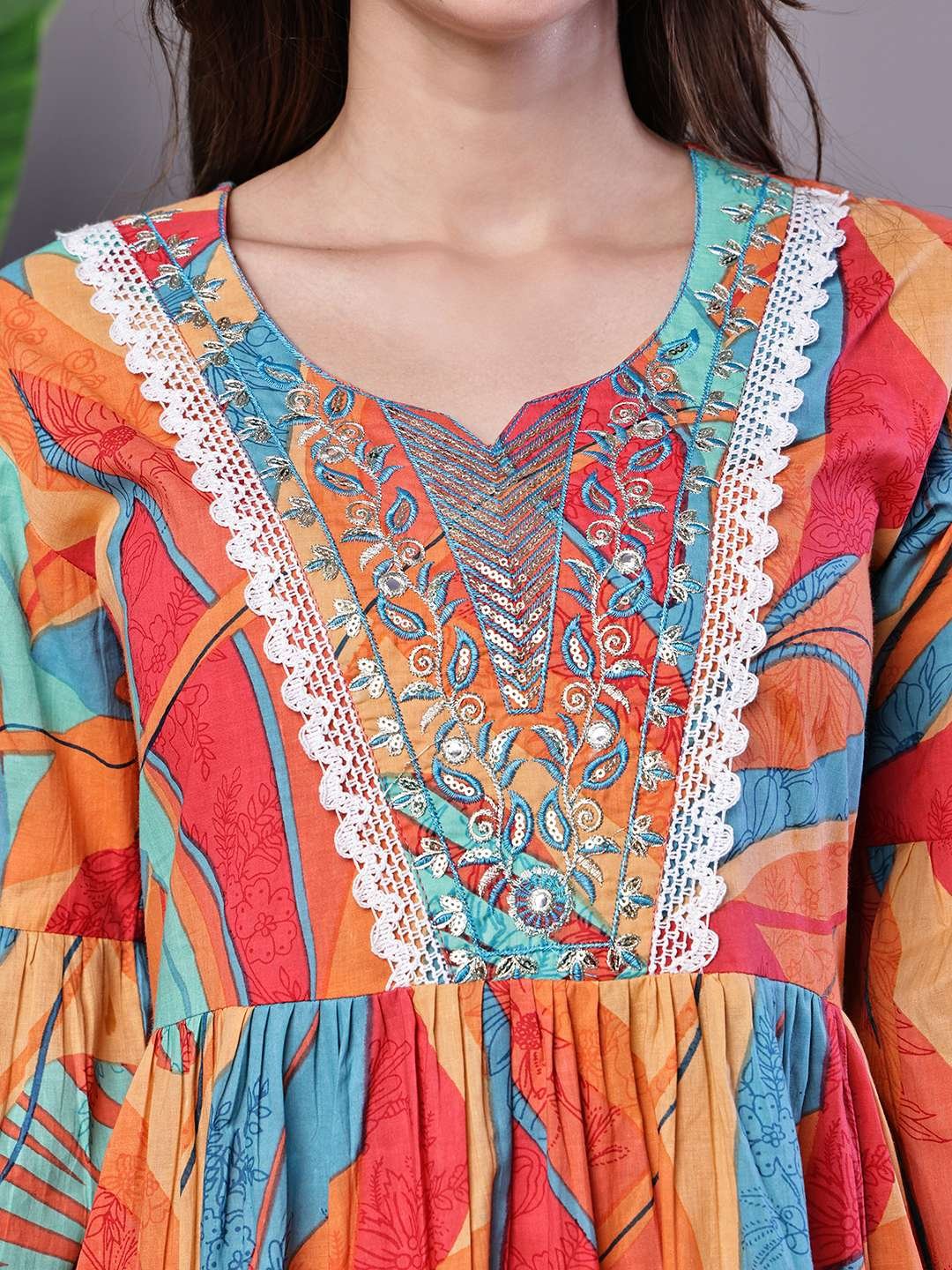 Wome's Bright Print Cotton Tunic Dress with Crochet Lace & Three-Quarter Sleeves Midi Dresses - Image 5