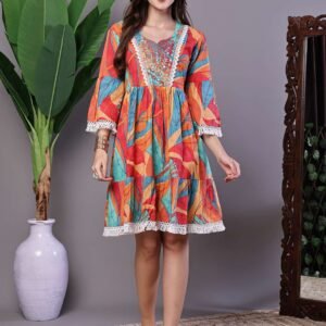 Wome's Bright Print Cotton Tunic Dress with Crochet Lace & Three-Quarter Sleeves Midi Dresses