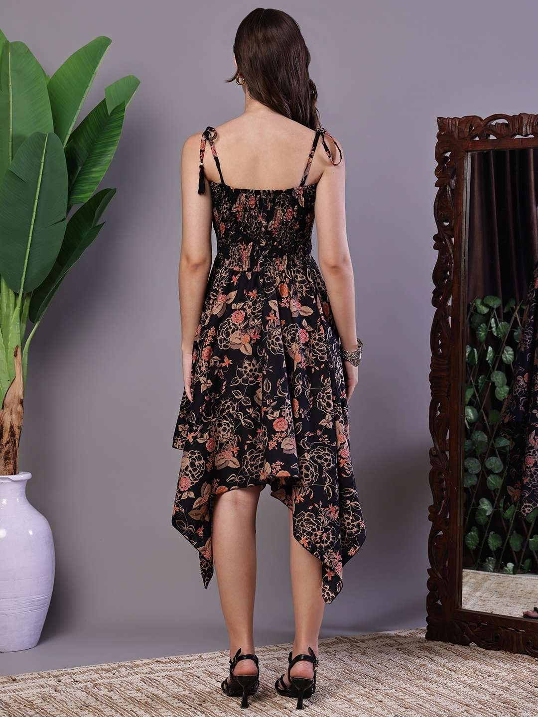 Women's Black Floral Print Cotton Handkerchief Hem Dress Midi Dresses - Image 2