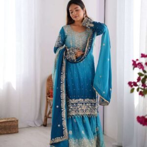 Women's Chinon Silk Sequence With Rivet Moti Work Straight Kurta With Sharara & Dupatta Set
