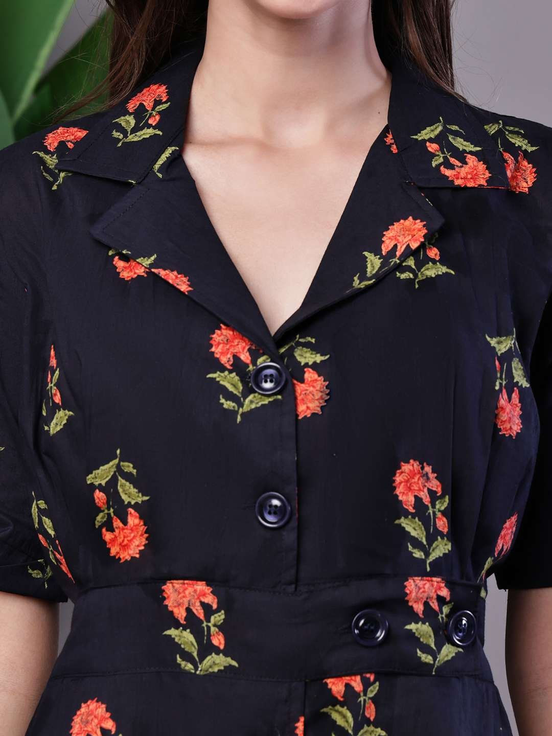 Women's Graceful Indigo & Orange Floral Block Print Cotton Shirt Dress - Image 5