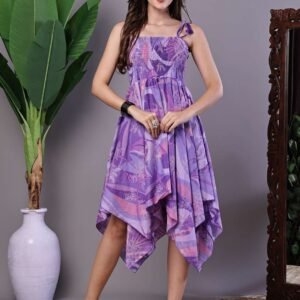 Women's Purple Print Cotton Handkerchief Hem Midi Dress