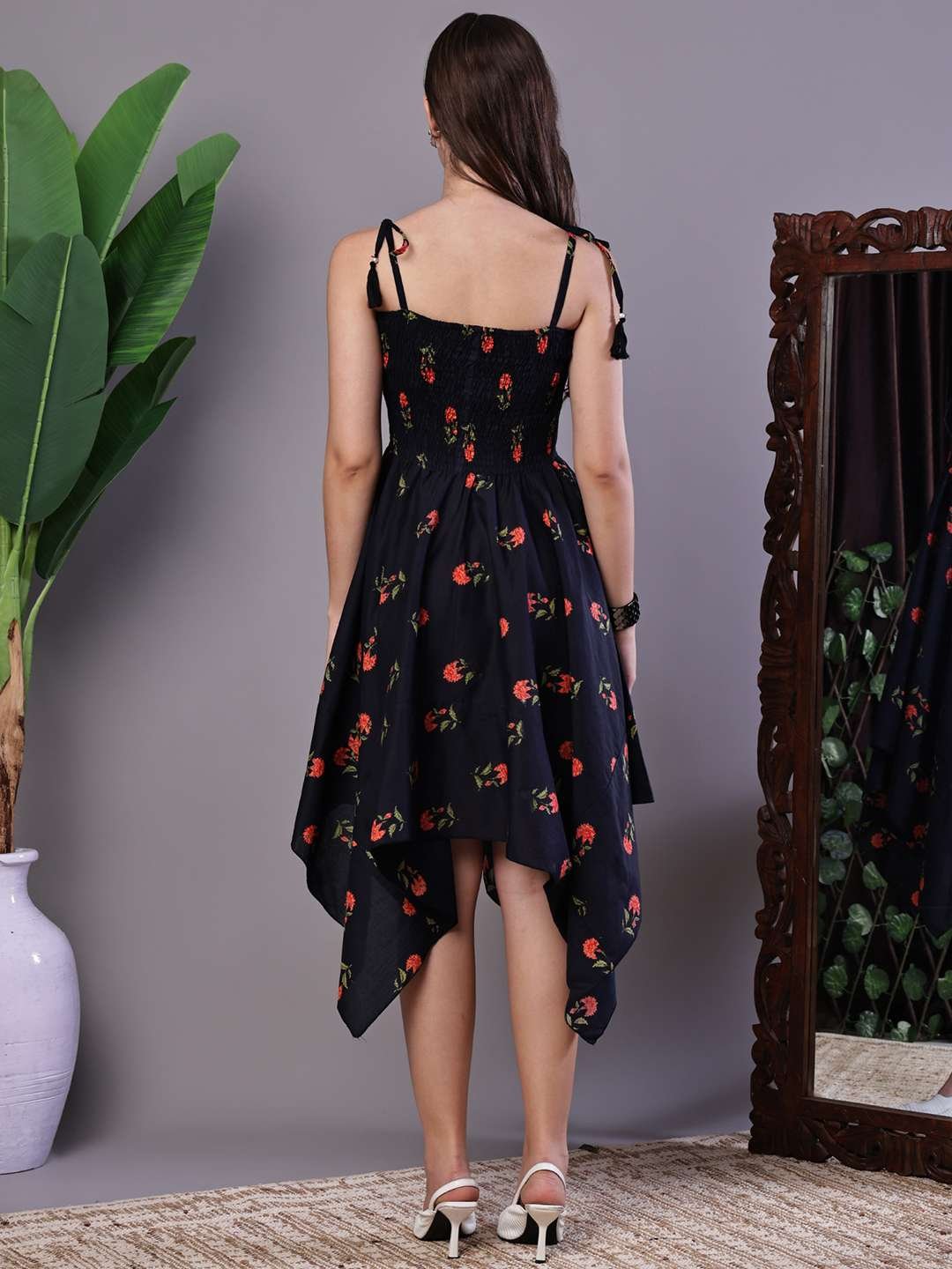 Women's Black Floral Print Cotton Handkerchief Hem Dress Midi Dresses - Image 2