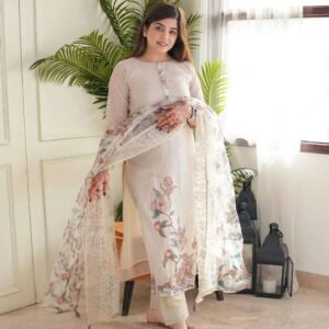 Women's Lilan Cotton Floral Print Straight Hand Crafted Kurti with Pant & Dupattta