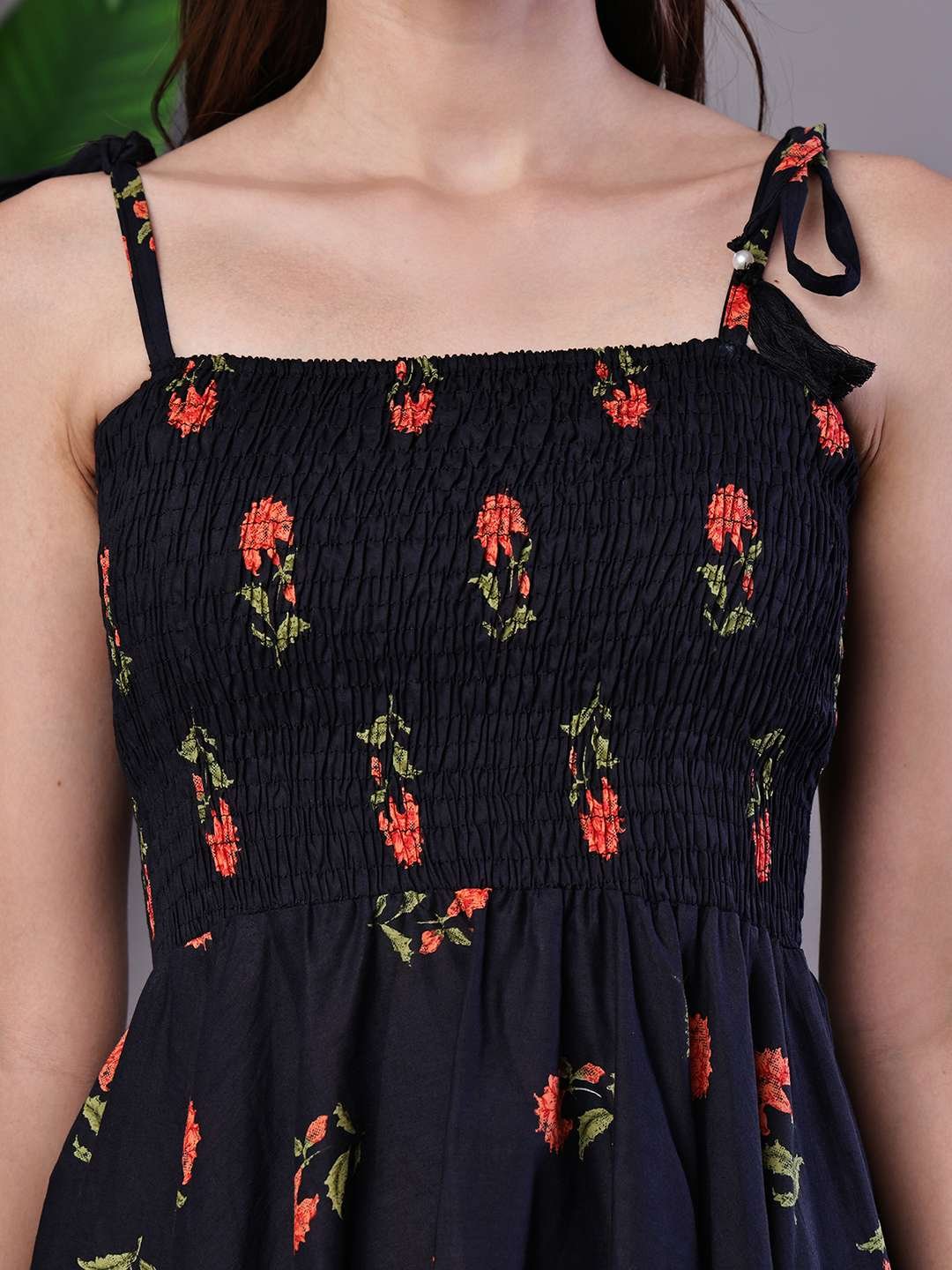 Women's Black Floral Print Cotton Handkerchief Hem Dress Midi Dresses - Image 5