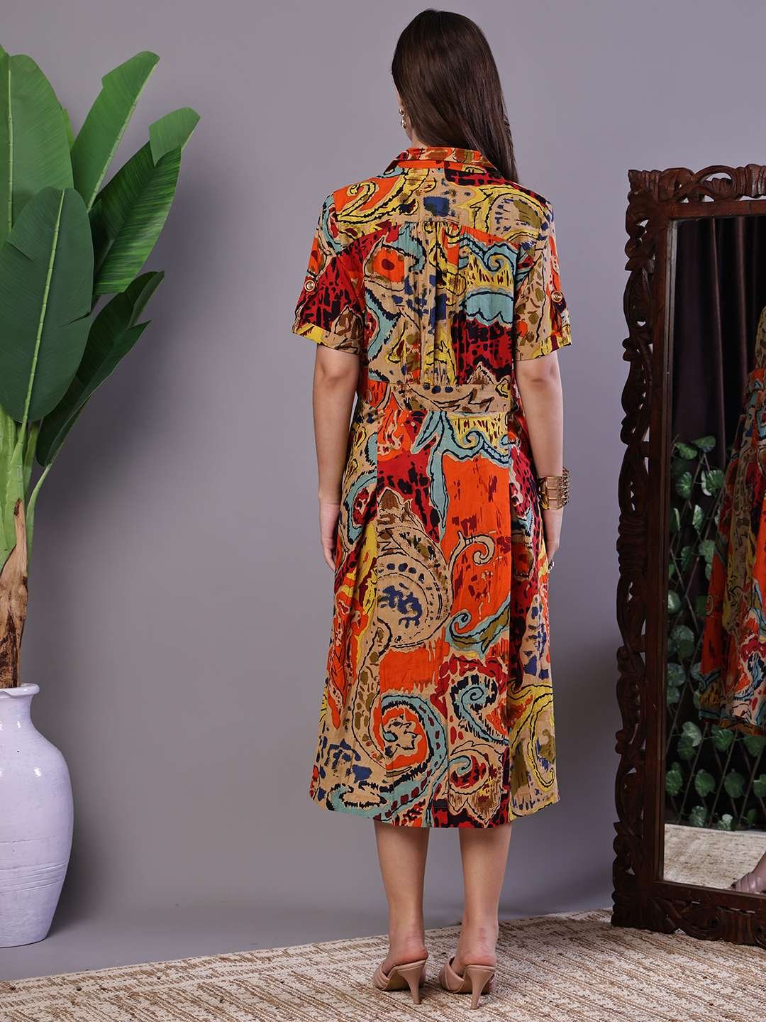 Women's Bohemian Stylish Multi-Color Paisley Print Cotton Collared Midi Dress - Image 2