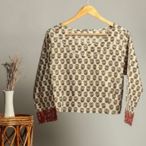 Hand-Crafted Block Print Cotton for Ladies ? Ethnic Floral Print Top with Long Sleeves