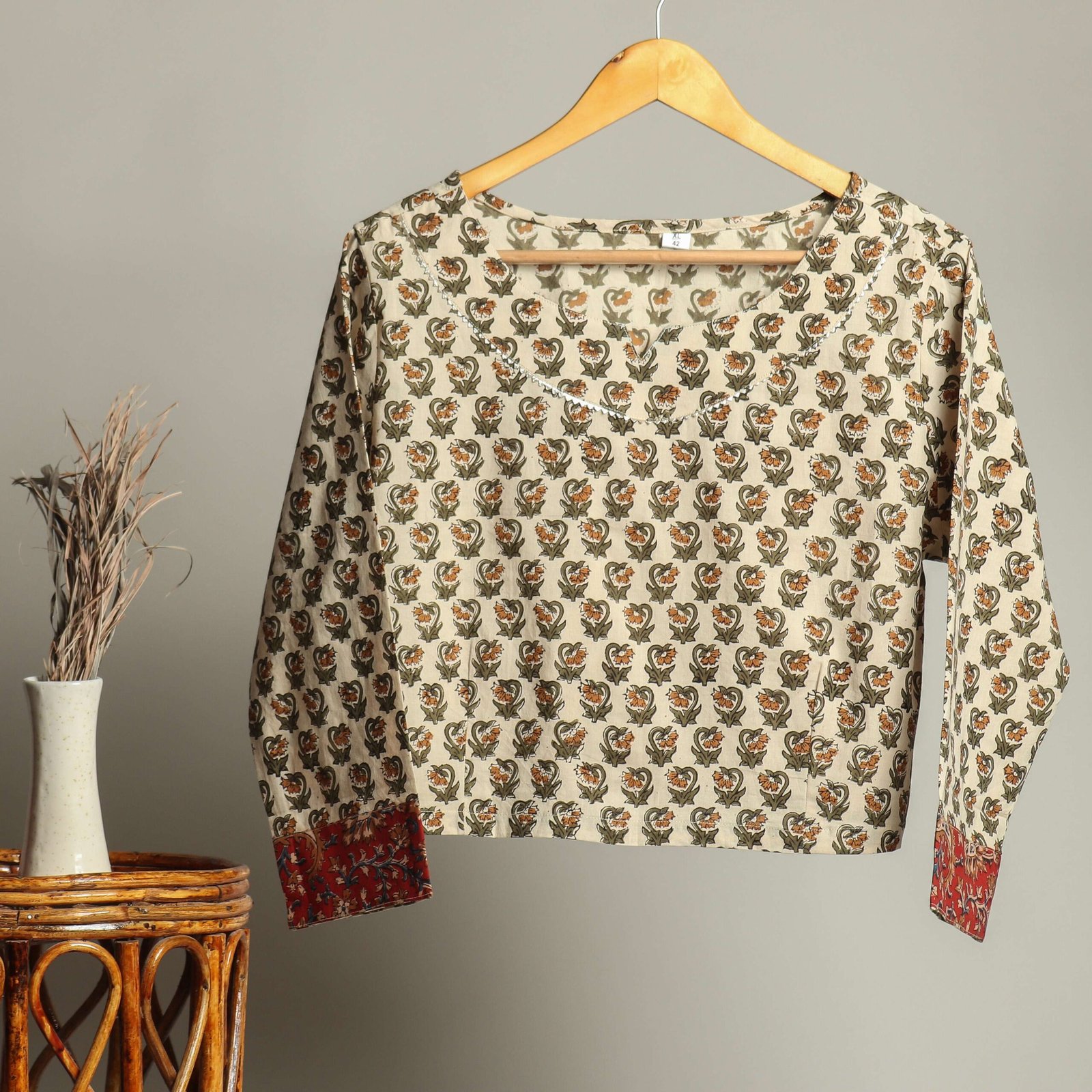 Hand-Crafted Block Print Cotton for Ladies ? Ethnic Floral Print Top with Long Sleeves