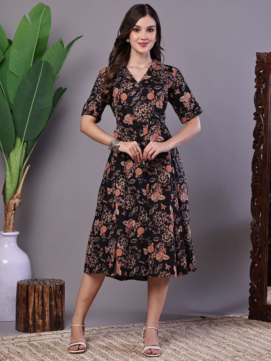 Women's Stylish Black & Rust Floral Print Button-Front Midi Dress - Image 3