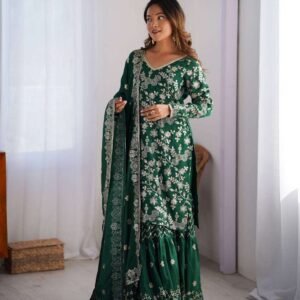Women's Chinon Silk Embroidery Sequence Work Straight Kurti With Sharara Suit & Dupatta Set