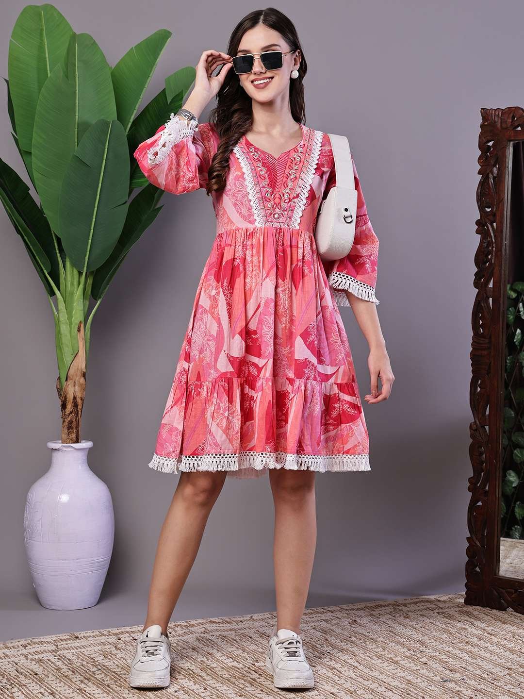 Wome's Pink Floral Print Cotton A-Line Dress with Embroidered Yoke Midi Dresses - Image 4