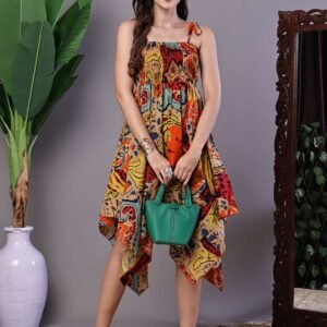 Women's Multicolor Abstract Print Cotton Handkerchief Hem Dress Midi Dresses