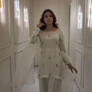 Women's Raw Silk Floral Print Straight Kurti With Salwar & Dupatta Set