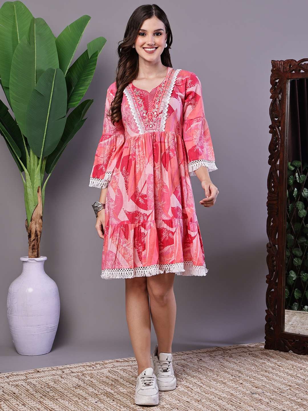 Wome's Pink Floral Print Cotton A-Line Dress with Embroidered Yoke Midi Dresses