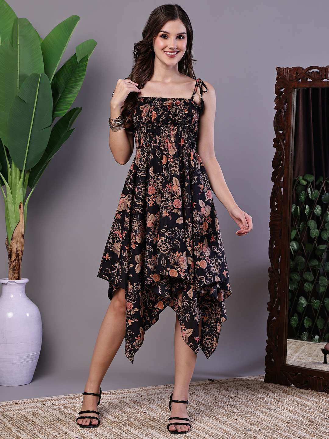 Women's Black Floral Print Cotton Handkerchief Hem Dress Midi Dresses