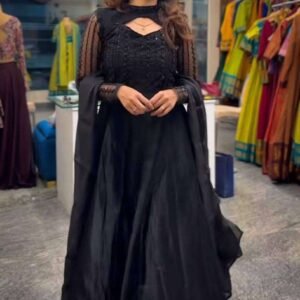 Women's Silk Heavy Embroidery Sequence Work Long Anarkali Kurti With Pant & Dupatta Set