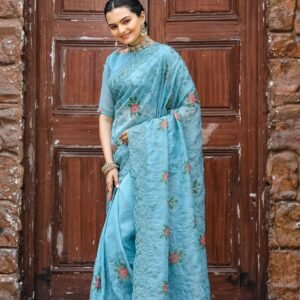 Women's Graceful Sage Green Georgette Saree with Dainty Floral Embroidery & Sequin Work – Made for Summer Festivities & Day Events