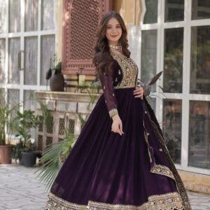 Women's Plush Plum Velvet Anarkali Gown with Heavy Gold Zari & Sequin Embroidery – Great for Weddings & Grand Festivities