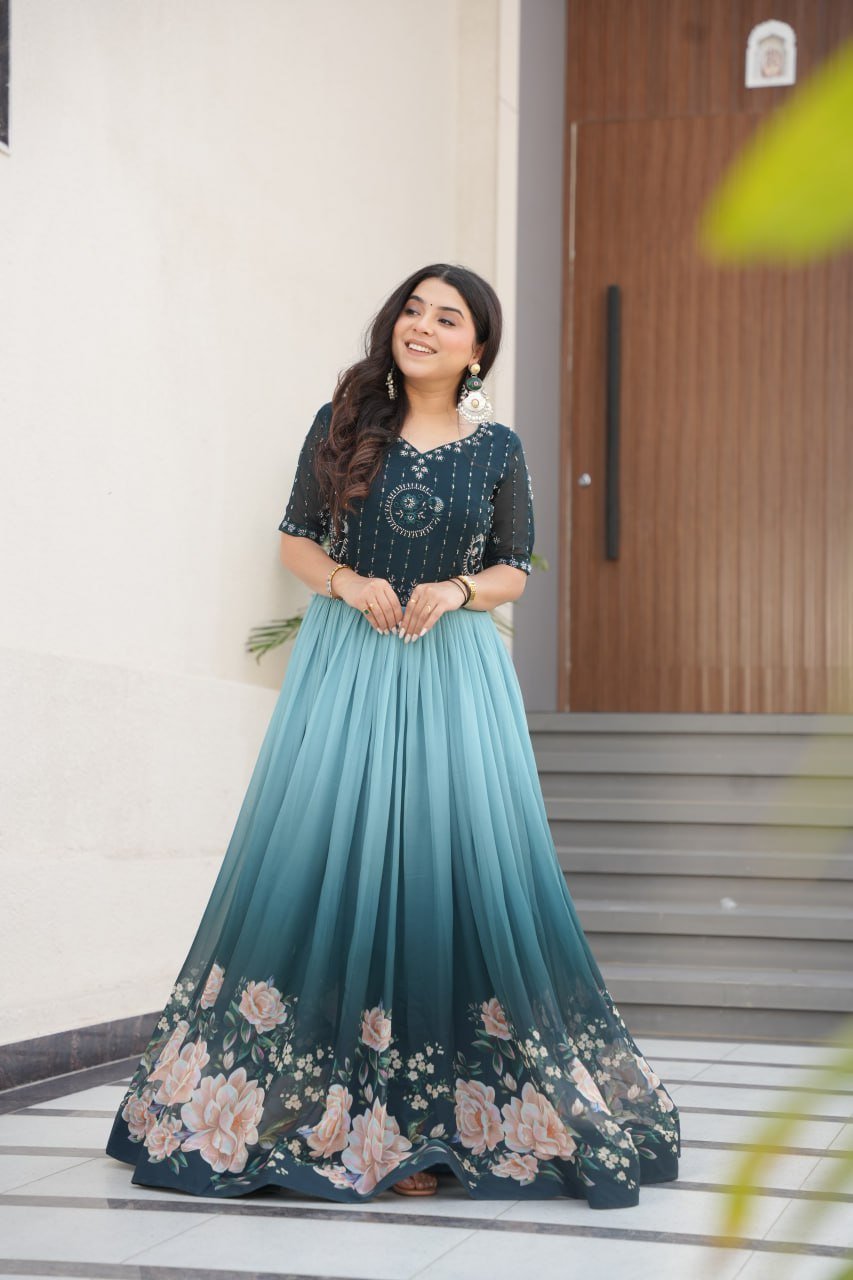 Women's Classy Teal & Aqua Ombre Gown with Floral Print Flair & Decorated Bodice – Great for Summer Festivities & Parties - Image 5