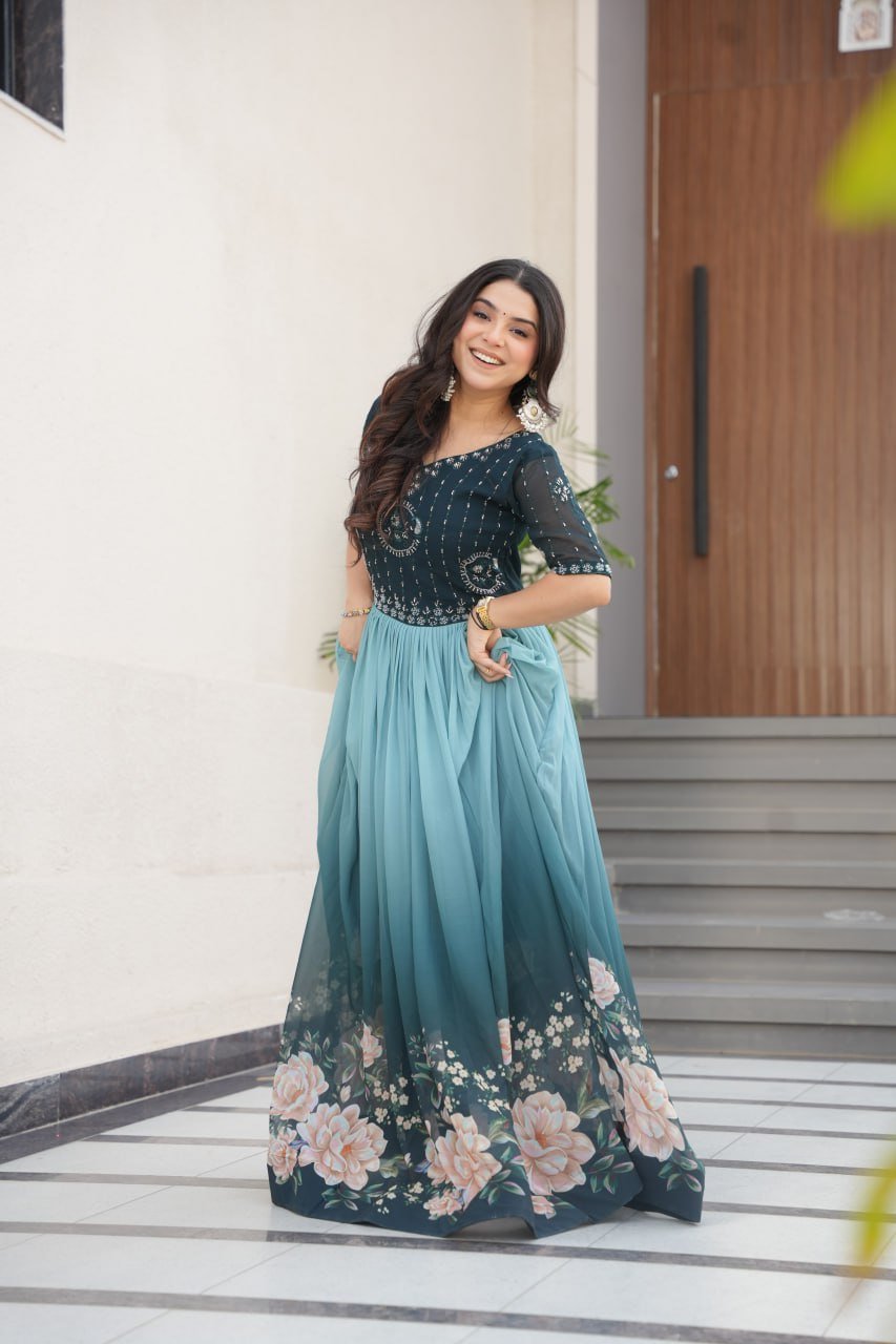 Women's Classy Teal & Aqua Ombre Gown with Floral Print Flair & Decorated Bodice – Great for Summer Festivities & Parties - Image 4