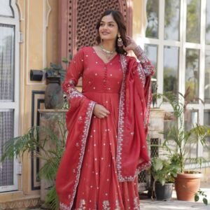 Women's Festive Rust Red Anarkali Gown with Fine Silver Zari & Sequin Embroidery – Paired with Embroidered Dupatta