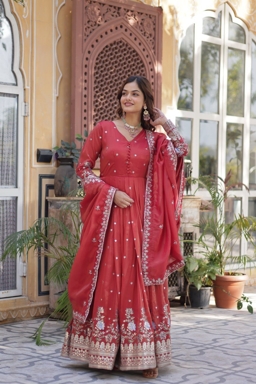 Women's Festive Rust Red Anarkali Gown with Fine Silver Zari & Sequin Embroidery – Paired with Embroidered Dupatta
