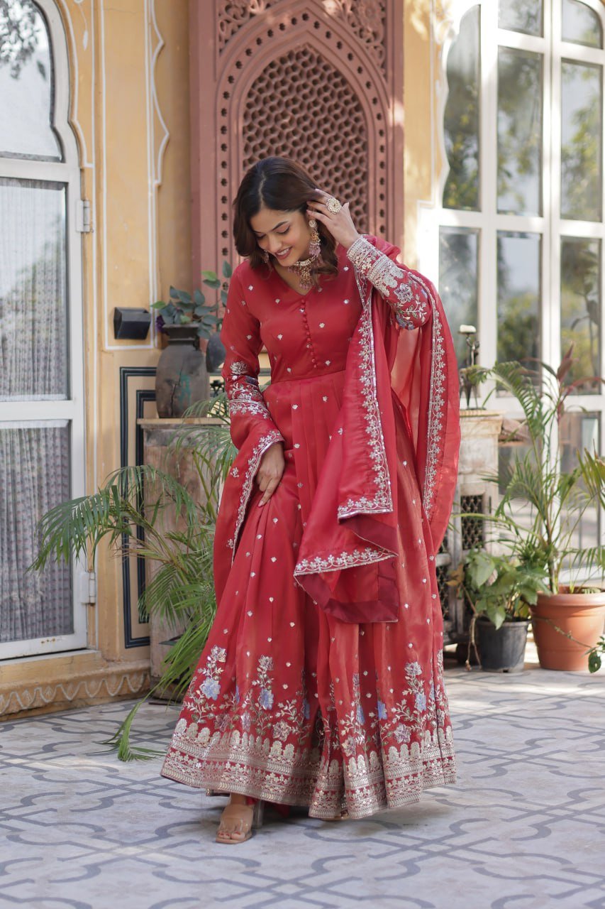 Women's Festive Rust Red Anarkali Gown with Fine Silver Zari & Sequin Embroidery – Paired with Embroidered Dupatta - Image 5