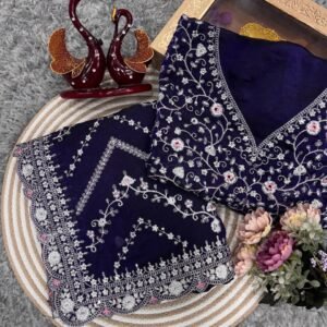 Royal Blue Embroidered Blouse Piece with Detailed Mirror, Sequin & Floral Threadwork – Ready-to-Stitch Fabric for Sarees & Festive Ethnic Wear