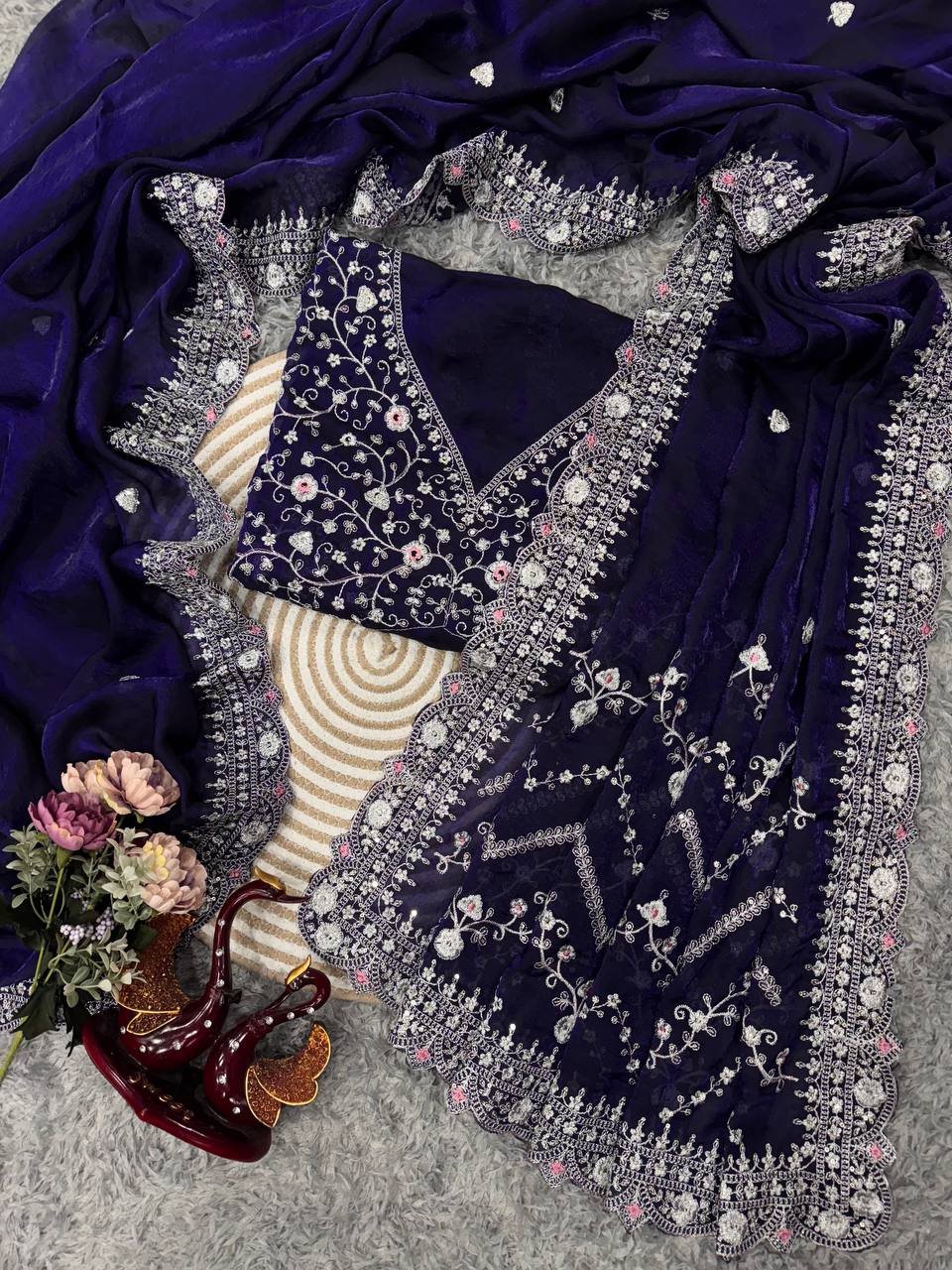 Royal Blue Embroidered Blouse Piece with Detailed Mirror, Sequin & Floral Threadwork – Ready-to-Stitch Fabric for Sarees & Festive Ethnic Wear - Image 7