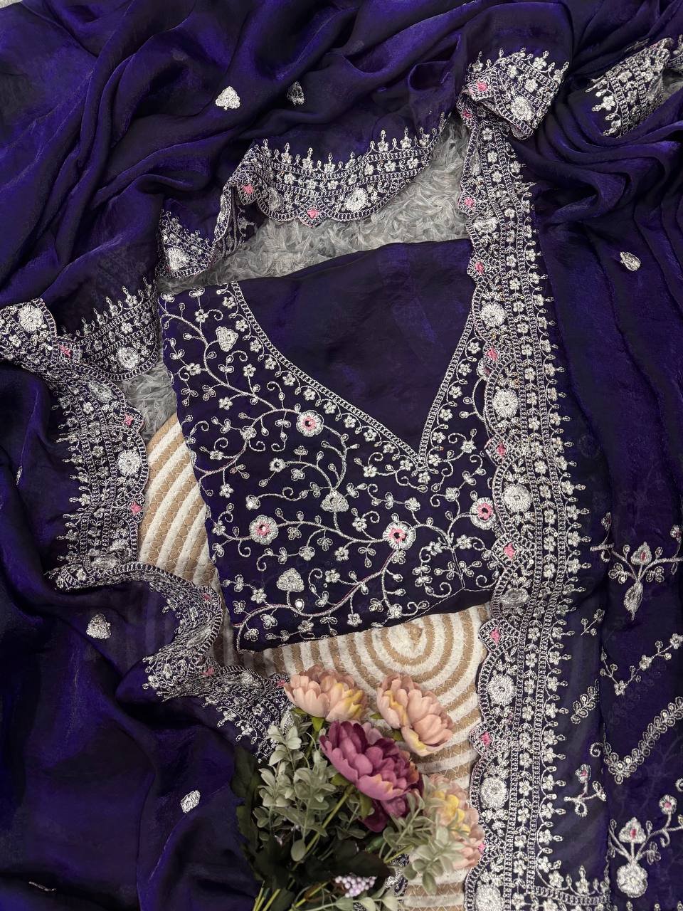 Royal Blue Embroidered Blouse Piece with Detailed Mirror, Sequin & Floral Threadwork – Ready-to-Stitch Fabric for Sarees & Festive Ethnic Wear - Image 6