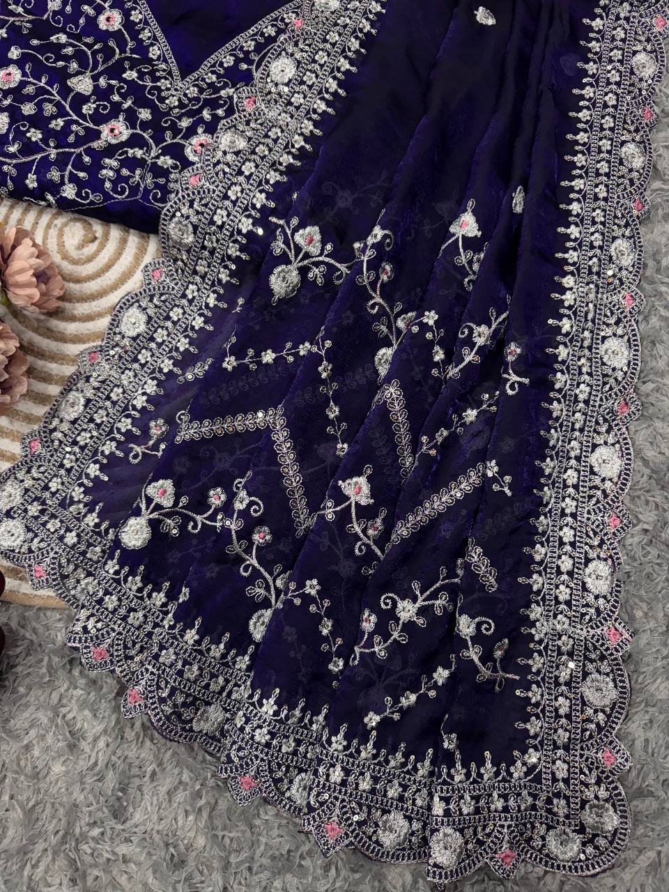 Royal Blue Embroidered Blouse Piece with Detailed Mirror, Sequin & Floral Threadwork – Ready-to-Stitch Fabric for Sarees & Festive Ethnic Wear - Image 5