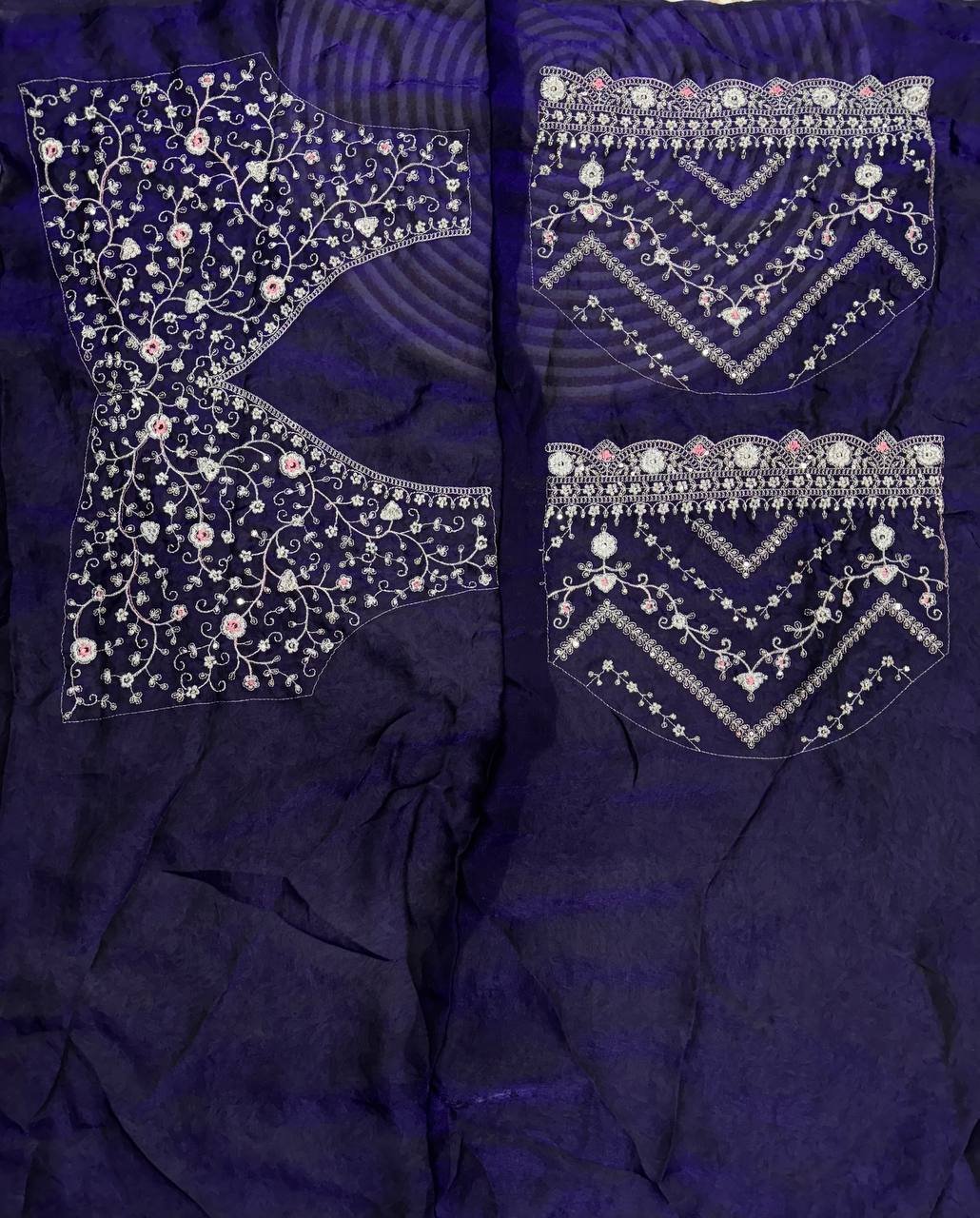 Royal Blue Embroidered Blouse Piece with Detailed Mirror, Sequin & Floral Threadwork – Ready-to-Stitch Fabric for Sarees & Festive Ethnic Wear - Image 2