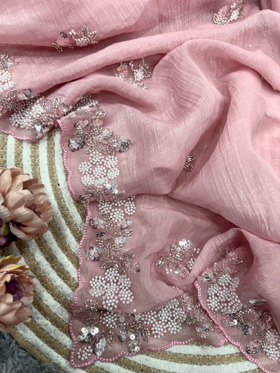 Women's Gentle Pink Organza Saree with Dainty Pearl & Sequin Floral Embroidery – Lightweight Sheer Drape for Festive, Wedding & Party Wear