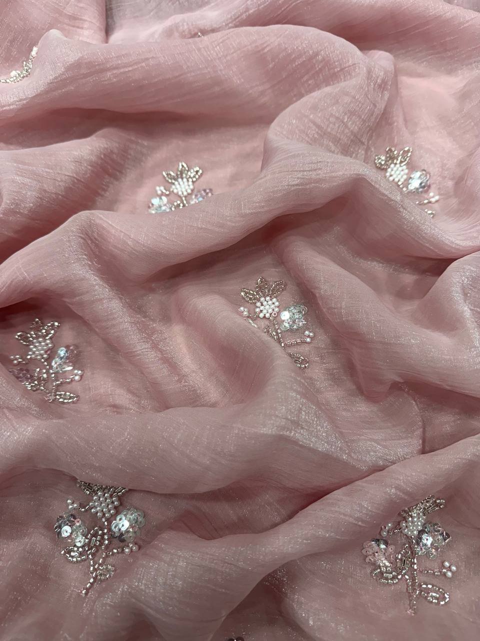 Women's Gentle Pink Organza Saree with Dainty Pearl & Sequin Floral Embroidery – Lightweight Sheer Drape for Festive, Wedding & Party Wear - Image 3