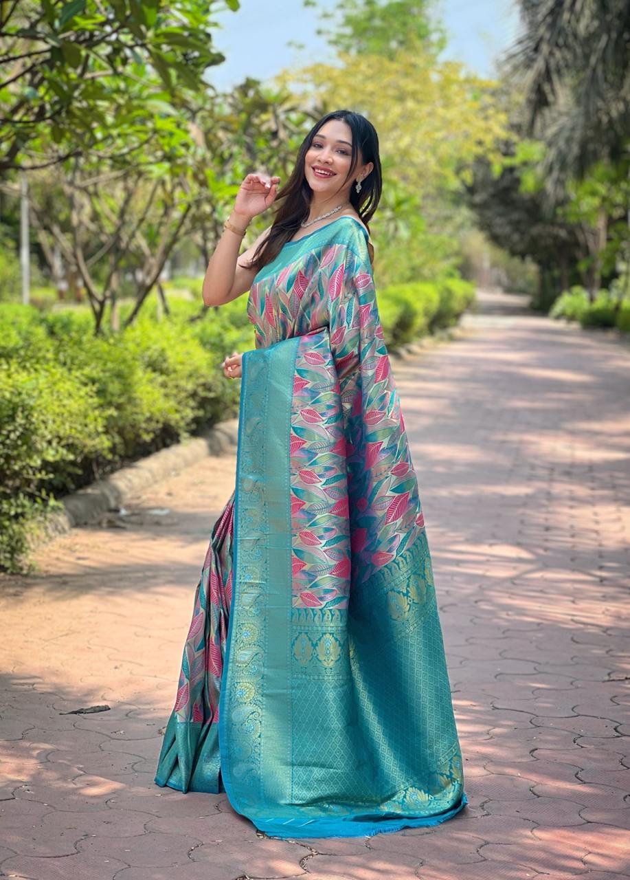 Women's Plush Pista Green & Pink Art Silk Saree with Fine Leaf Weave & Broad Zari Border – Perfect for Festive & Wedding Occasions - Image 7