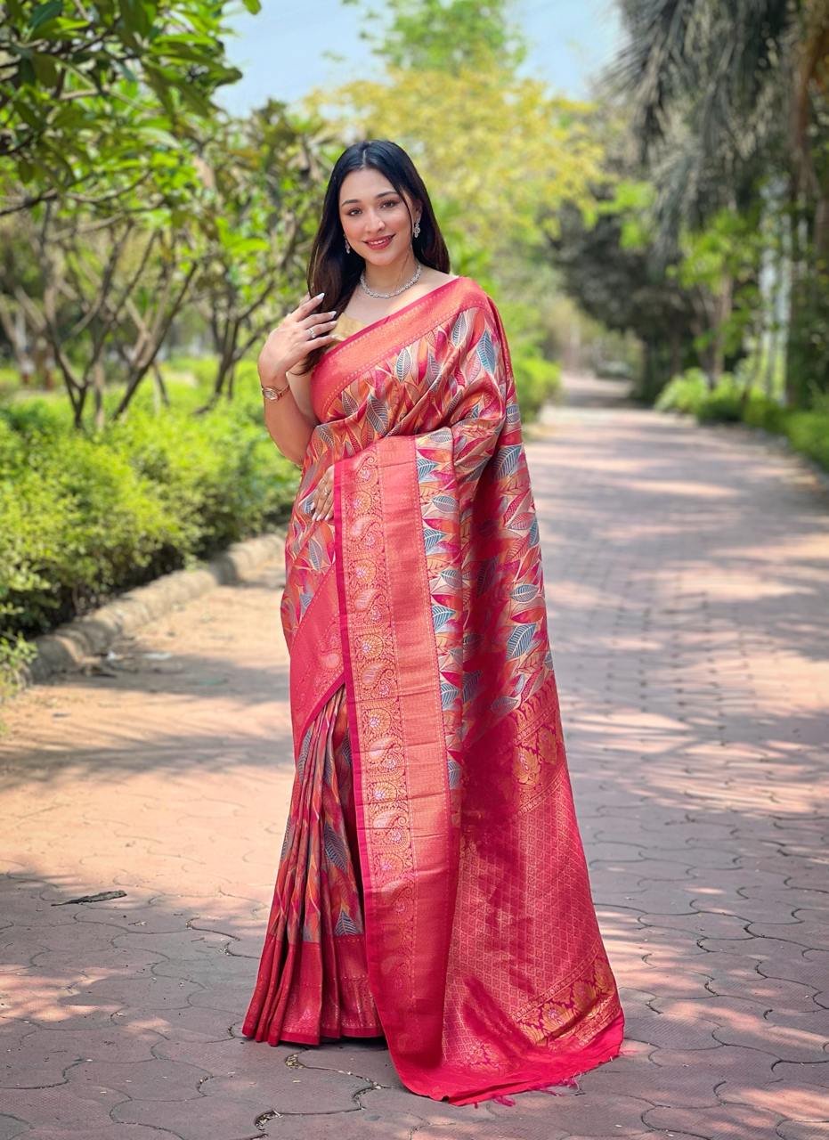 Women's Plush Pista Green & Pink Art Silk Saree with Fine Leaf Weave & Broad Zari Border – Perfect for Festive & Wedding Occasions - Image 4